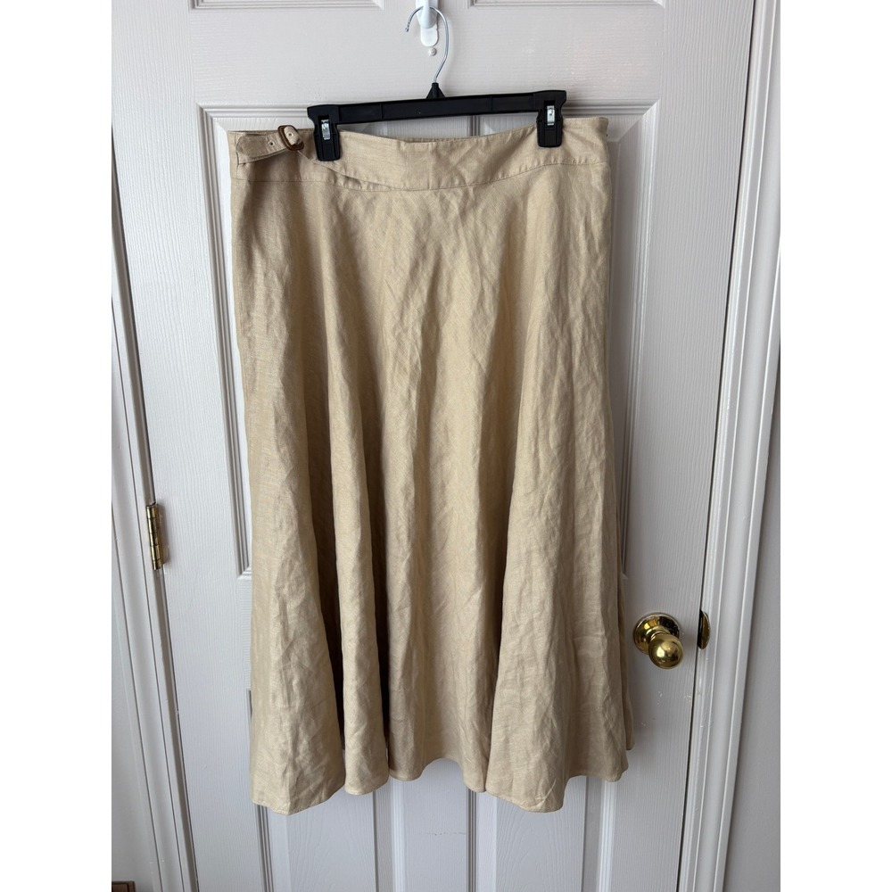 Lauren Ralph Lauren Skirt Womens 16 Tan Excellent Linen Buckle A-Line Midi